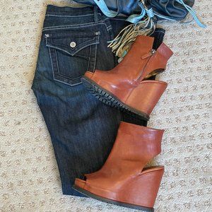 BRUNELLO CUCINELLI CARAMEL AND GOLD LEATHER WEDGE OPEN TOE BOOTIES SIZE 7 EUC